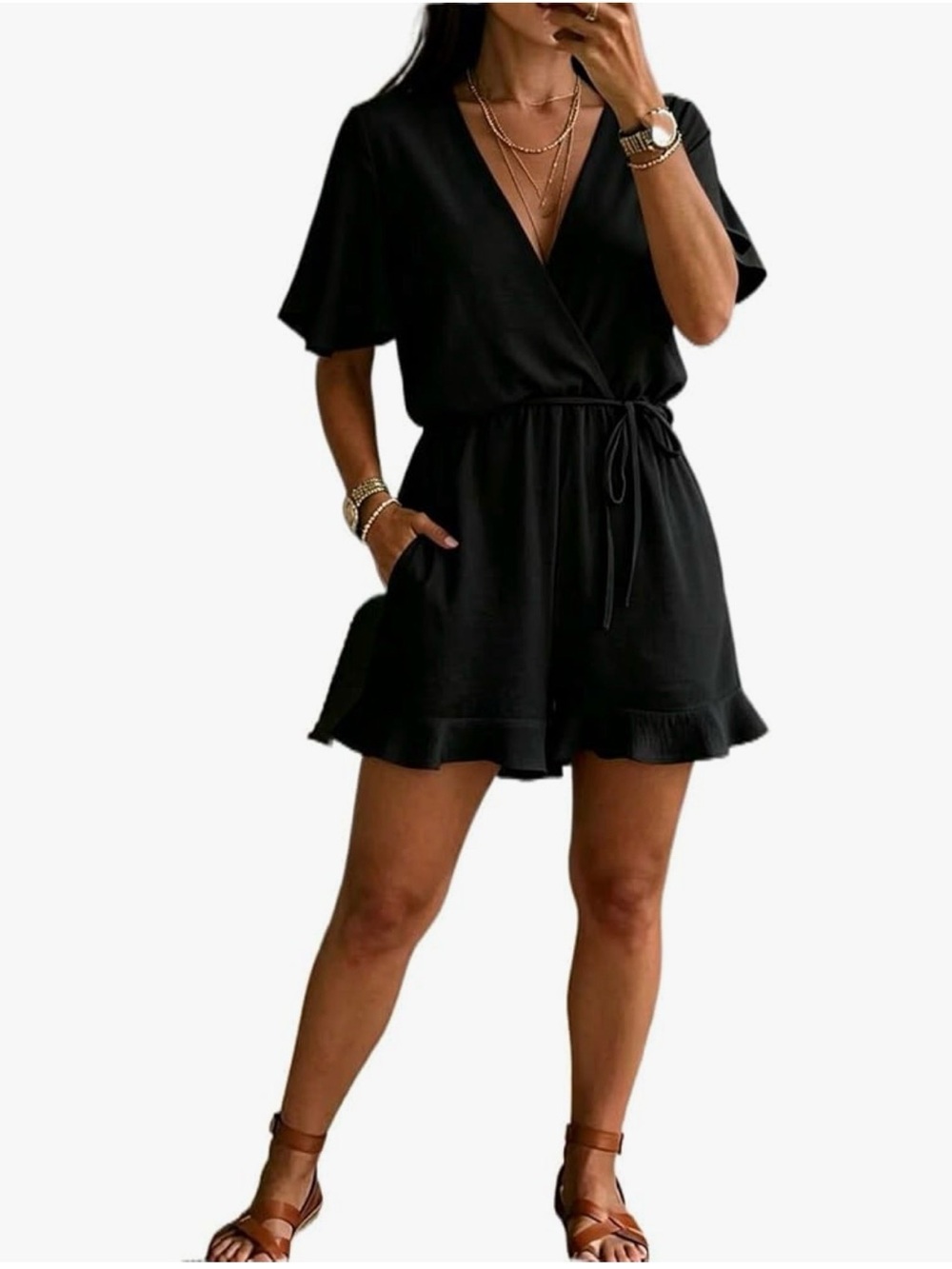Black Short Sleeve Tie-Waist V-Neck Pleated Romper